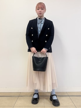 「DRESSTERIOR（ドレステリア）のシュリンクレザーバケットBAG（ハンドバッグ、ブラック系）」を使った、あき／ドレステリア柏高島屋SC店さん（レディース・160cm）の春コーディネート
