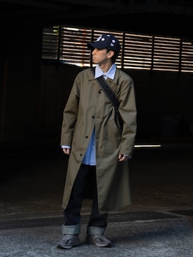 「ストライプ」｜「アイテム（ステンカラーコート）」を使った、kooodaiさん（メンズ・170cm）の冬コーディネート