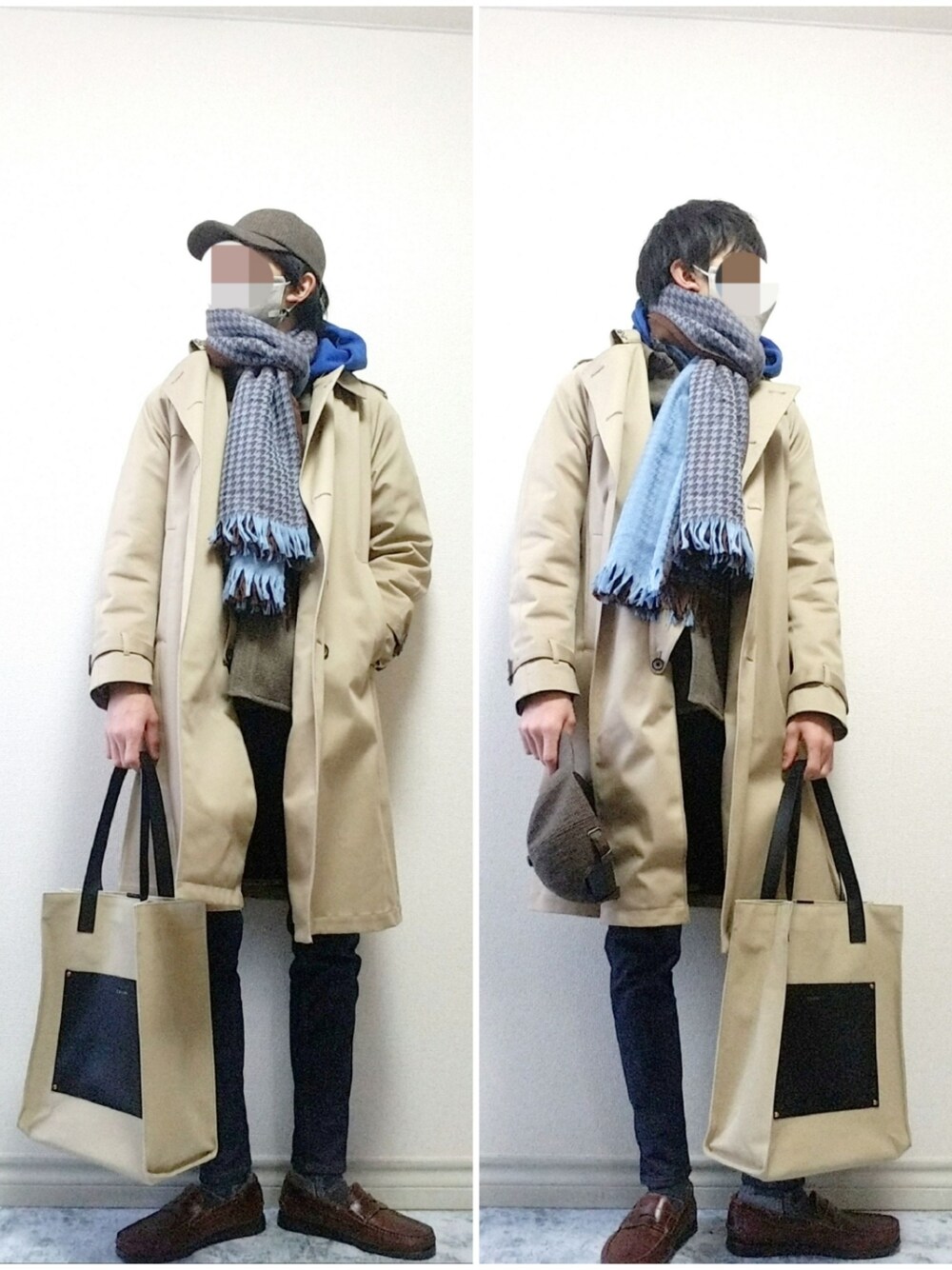「キャップ、ストール、トレンチコート、シャツアウター、スキニーデニム、スキニー、ローファー、チェック、ベージュ、ブラウン、シンプル、シンプルコーデ、冬コーデ、冬のコーデ、いいね、save、フォローお願いします🤑」｜「UNITED TOKYOのボンディングギャバトレンチコート（トレンチコート、ベージュ系）」を使った、bouさん（メンズ・176cm）の冬コーディネートの1枚目の写真