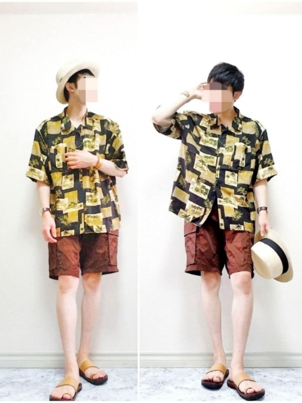 「ペーパーハット、柄シャツ、オープンカラーシャツ、ハーフパンツ、ショートパンツ、サンダル、ワントーンコーデ、夏コーデ、夏、ZIP FIVE」｜「Rubenの細あみペーパー ブレード中折れ（ハット、ベージュ系）」を使った、bouさん（メンズ・176cm）の夏コーディネートの1枚目の写真