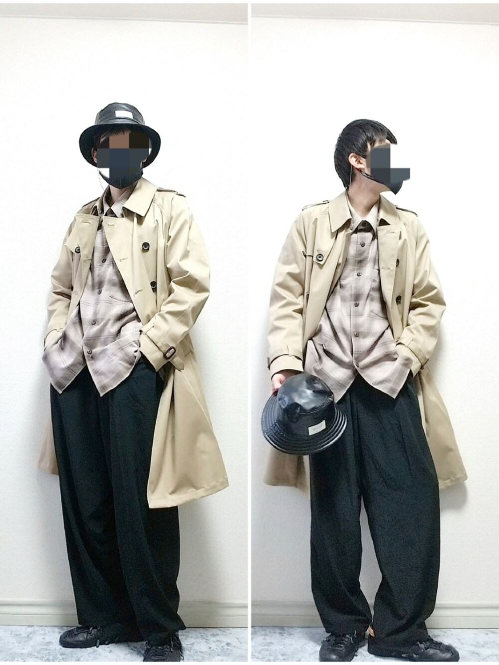 レッド系のシャツ/ブラウス、ベージュ系のトレンチコート、ブラック系のパンツを着用したメンズの秋コーディネートの1枚目の写真