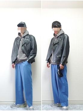 「GU（ジーユー）のアイテム（ライダースジャケット）」を使った、bouさん（メンズ・176cm）の春コーディネート