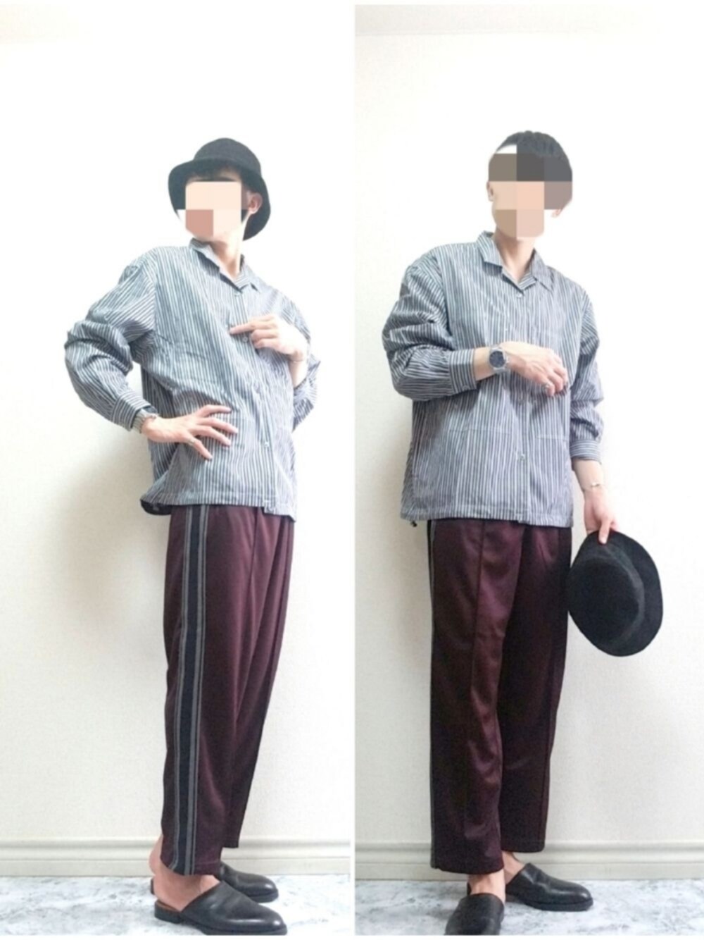 ブルー系のブルゾン、レッド系のパンツ、ブラック系のサンダルを着用したメンズの夏コーディネートの1枚目の写真