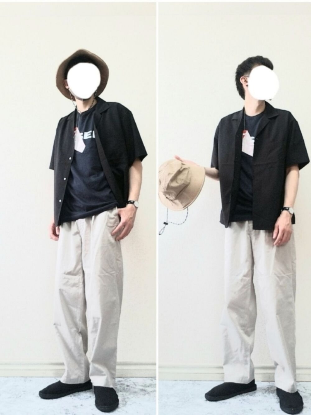 「サファリハット、オープンカラーシャツ、Tシャツ、ワイドパンツ、エスパドリーユ、シンプル、いいね、save、フォローお願いします🤑、417 EDIFICE、きれいめカジュアル、大人カジュアル」｜「417 EDIFICEのワイド シングルタック パンツ（チノパンツ、グレー系）」を使った、bouさん（メンズ・176cm）の夏コーディネートの1枚目の写真
