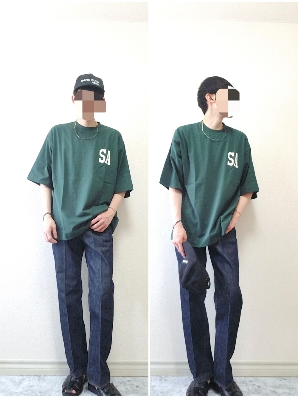 グリーン系のTシャツ/カットソー、ブルー系のデニムパンツ、ブラック系のサンダルを着用したメンズの春コーディネートの1枚目の写真