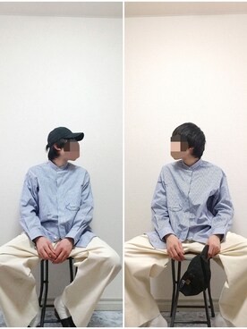 「ノーカラーシャツ」｜「アイテム（キャップ）」を使った、bouさん（メンズ・176cm）の春コーディネート