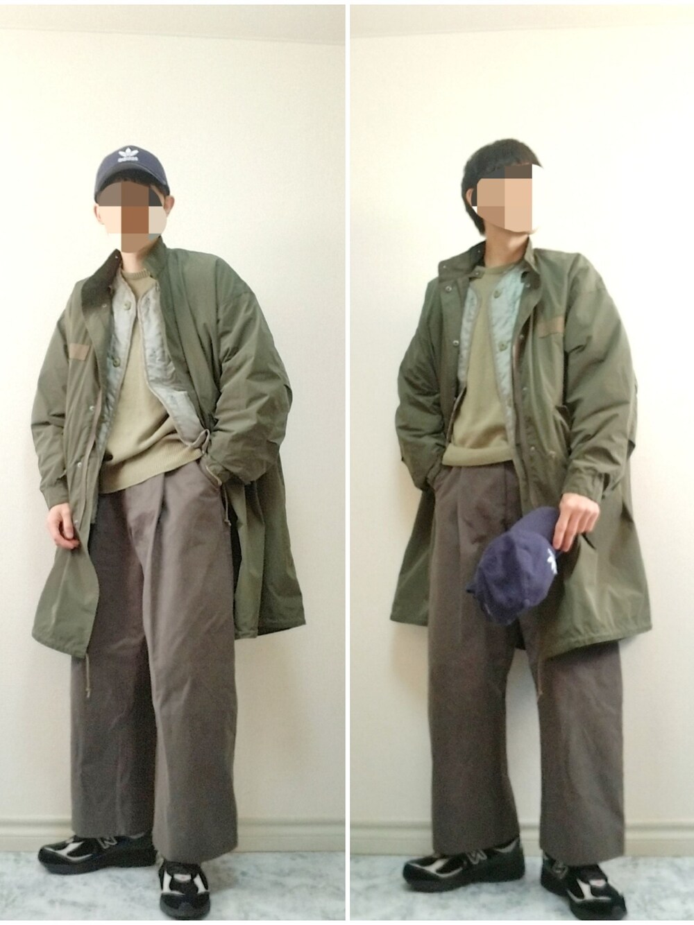 グリーン系のミリタリージャケット、グリーン系のモッズコート、ブルー系のキャップを着用したメンズの冬コーディネートの1枚目の写真