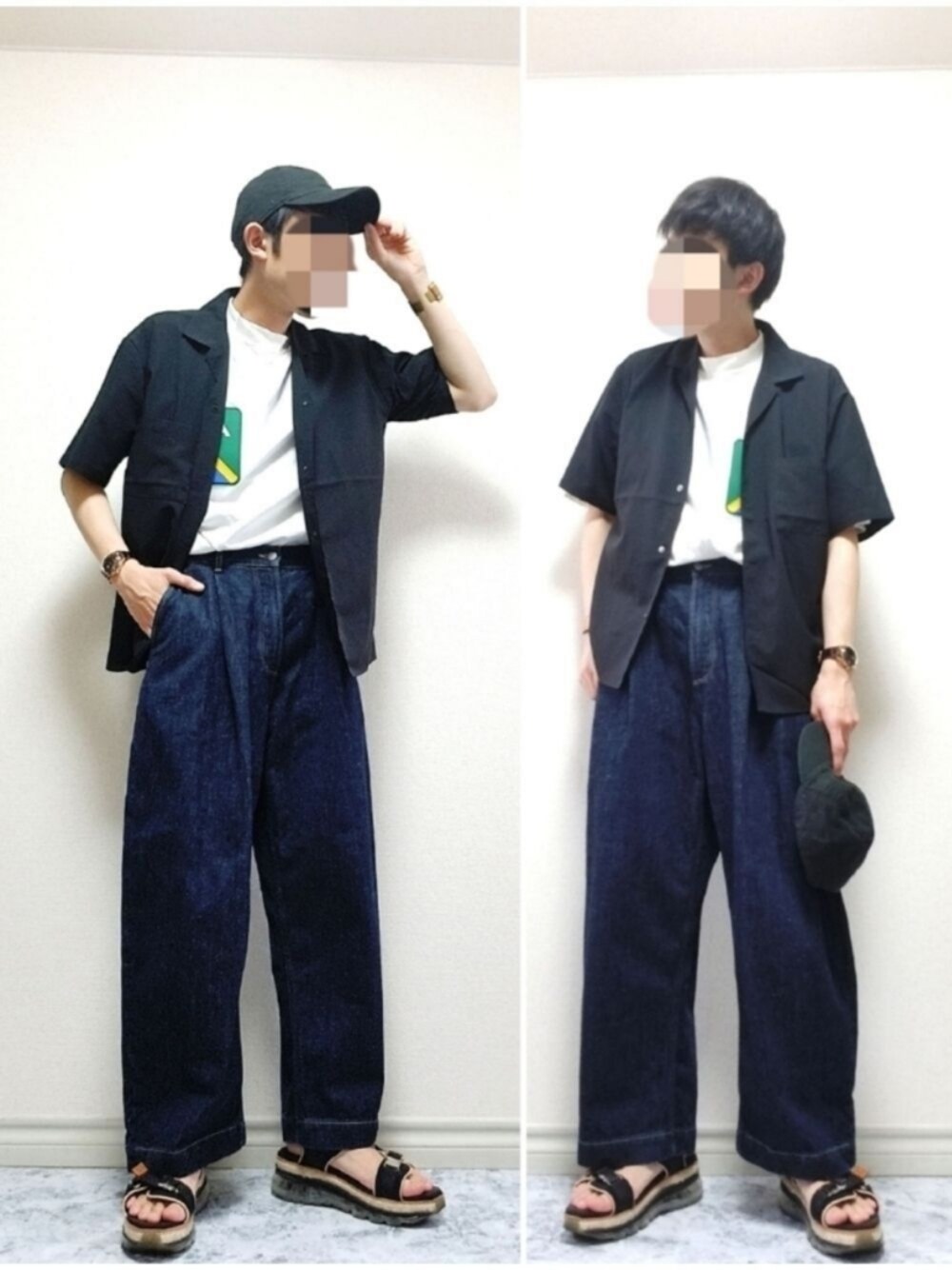 ホワイト系のTシャツ/カットソー、ブルー系のデニムパンツ、ブラック系のサンダルを着用したメンズの夏コーディネートの1枚目の写真