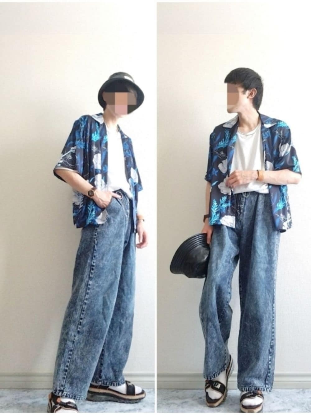 ブルー系のシャツ/ブラウス、ブルー系のデニムパンツ、ブラック系のサンダルを着用したメンズの夏コーディネートの1枚目の写真