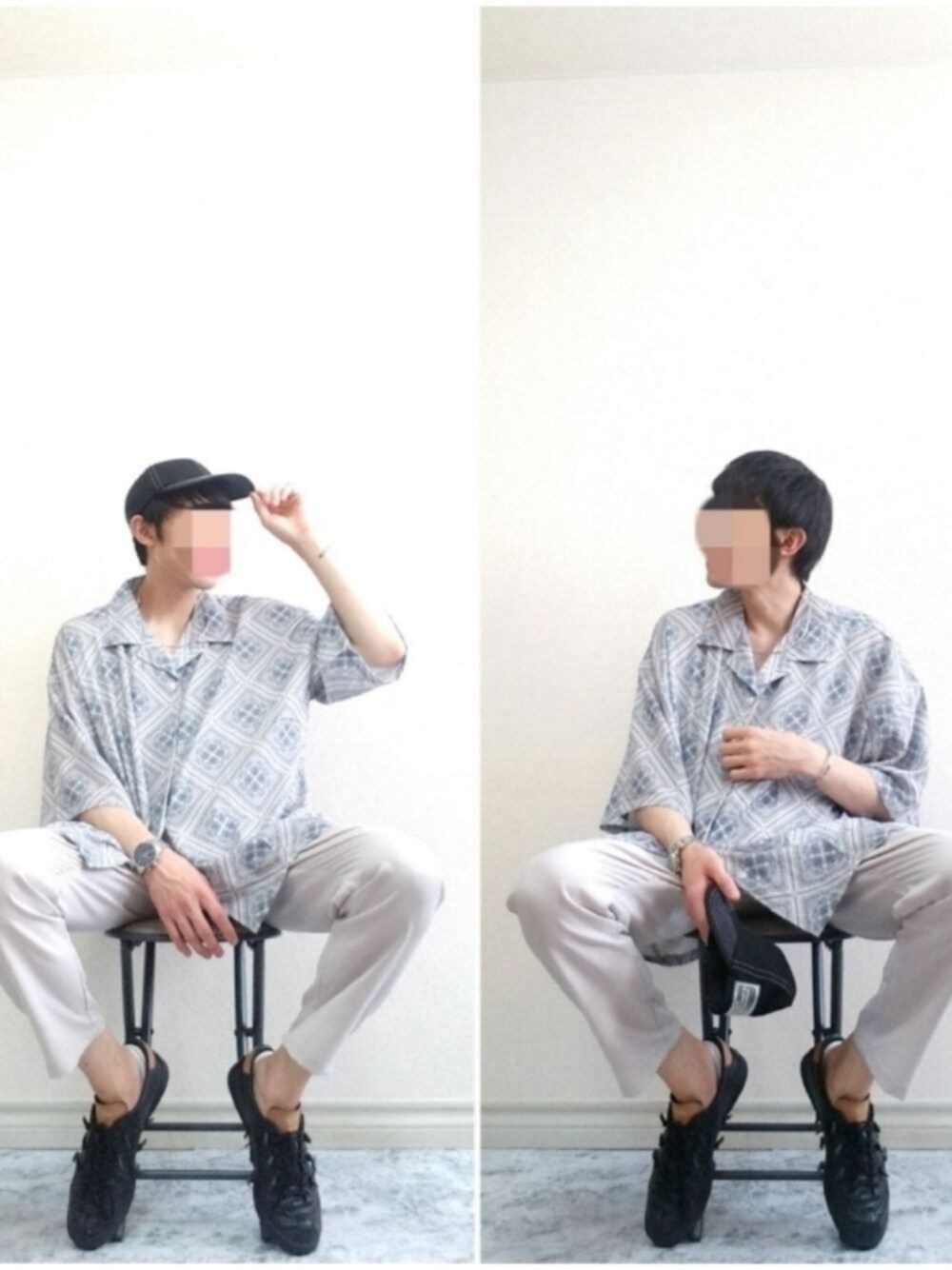 グレー系のシャツ/ブラウス、ベージュ系のその他パンツ、ブラック系のスニーカーを着用したメンズの夏コーディネートの1枚目の写真