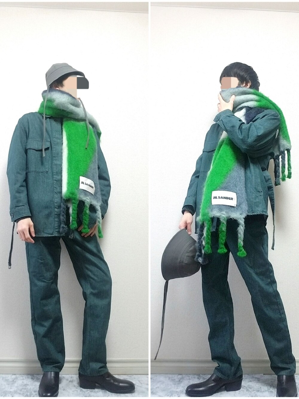 「バケットハット、ミリタリー、ストール、デニムジャケット、モックネック、デニムパンツ、ヒールブーツ、ミリタリーコーデ、グリーン、セットアップ、いいね、save、フォローお願いします🤑、オトナカジュアル、おしゃれさんと繋がりたい、シンプル、シンプルコーデ」｜「OAMCのアイテム（帽子、グレー系）」を使った、bouさん（メンズ・176cm）の冬コーディネートの1枚目の写真