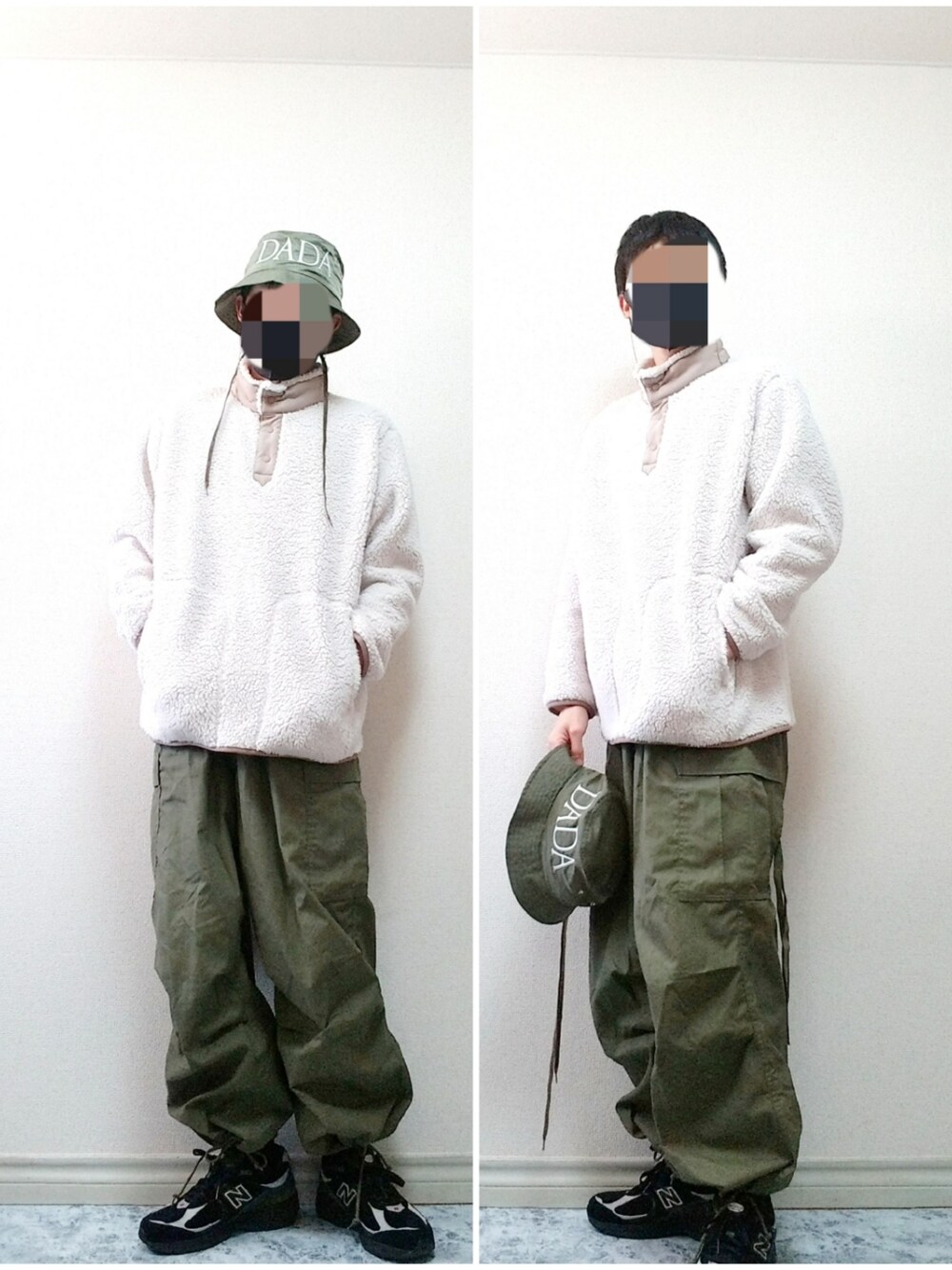 「スニーカー、ミリタリー、カジュアル、シンプル、ボア、秋のコーデ、カーゴパンツ、シンプルコーデ、バケットハット、ミリタリーパンツ、カジュアルコーデ、ゆるコーデ、秋コーデ、おしゃれさんと繋がりたい、ボアフリース」｜「CHRISTIAN DADAの■別注■CHRISTIAN DADA×MIDWEST EXCLUSIVE “DADA EMBROIDERY”バケットハット（ハット、ブラウン系）」を使った、bouさん（メンズ・176cm）の秋コーディネートの1枚目の写真
