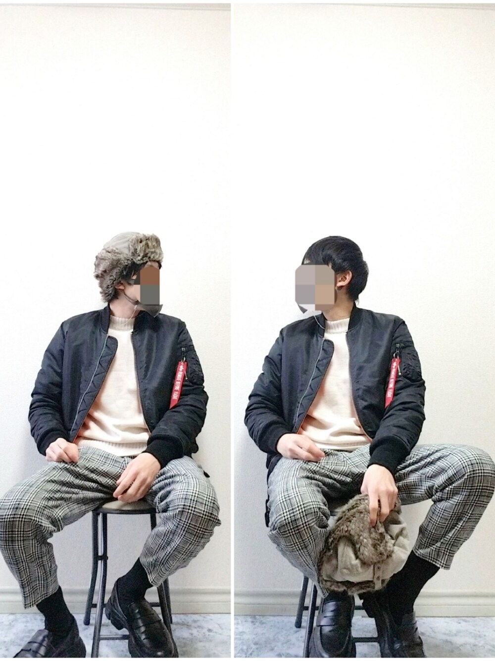 「フライトキャップ、MA-1、モックネック、チェック、チェックパンツ、アンクルパンツ、ローファー、革靴、ミリタリー、ミリタリーコーデ、シンプル、冬コーデ、カジュアル、いいね、save、フォローお願いします🤑、おしゃれさんと繋がりたい」｜「Alpha Industriesの＜ALPHA INDUSTRIES＞ MA-1 TIGHT/アウター◆（MA-1、ブラック系）」を使った、bouさん（メンズ・176cm）の冬コーディネートの1枚目の写真