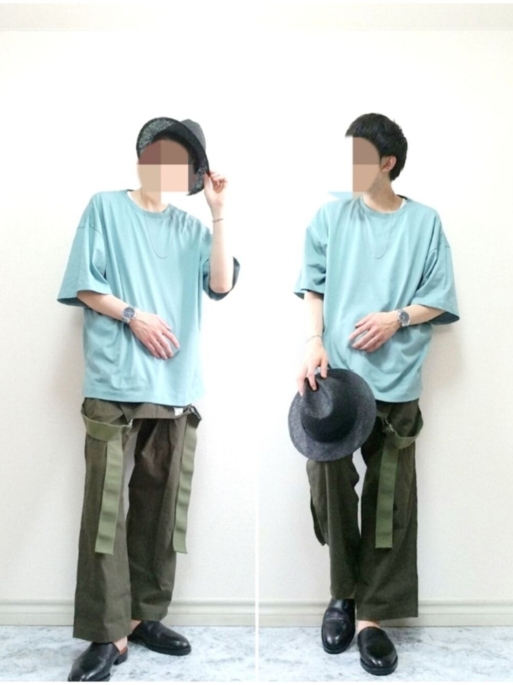 グリーン系のTシャツ/カットソー、グリーン系のサロペット/オーバーオール、ブラック系のサンダルを着用したメンズの夏コーディネートの1枚目の写真
