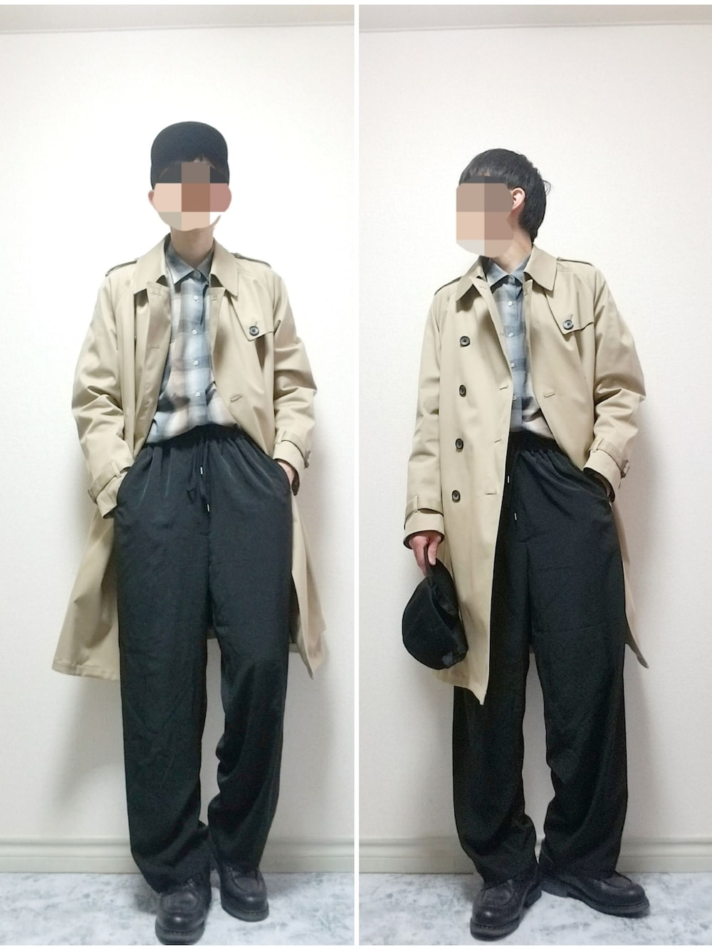「キャップ、トレンチコート、チェックシャツ、ワイドパンツ、革靴、シンプル、シンプルコーデ、おしゃれさんと繋がりたい、いいね、save、フォローお願いします🤑、冬コーデ、きれいめカジュアル、ゆるコーデ、ビックシルエット、オトナカジュアル、キレイめ」｜「AURALEEの＜AURALEE（オーラリー）＞ ウール チェック シャツ■■■（シャツ/ブラウス、ブルー系）」を使った、bouさん（メンズ・176cm）の冬コーディネートの1枚目の写真