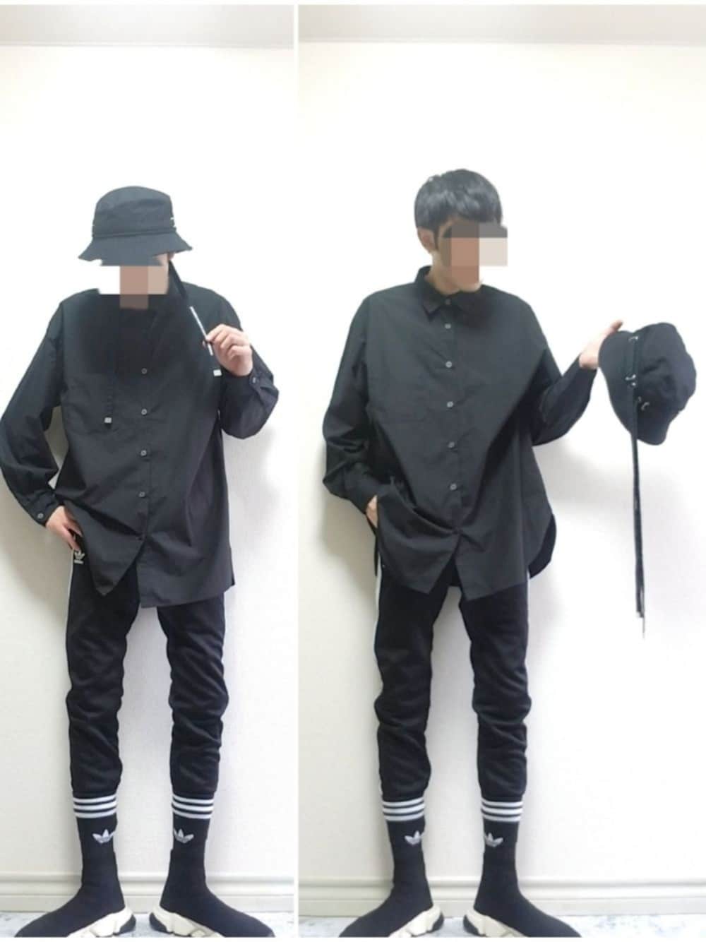 「バケットハット、シャツ、ブラック、オールブラック、ラインパンツ、トラックパンツ、ソックススニーカー、シンプル、スポーツミックス、ストリートMIX、秋コーデ、オトナカジュアル、カジュアル、休日スタイル、ラフ」｜「salixのアイテム（帽子、ブラック系）」を使った、bouさん（メンズ・176cm）の秋コーディネートの1枚目の写真