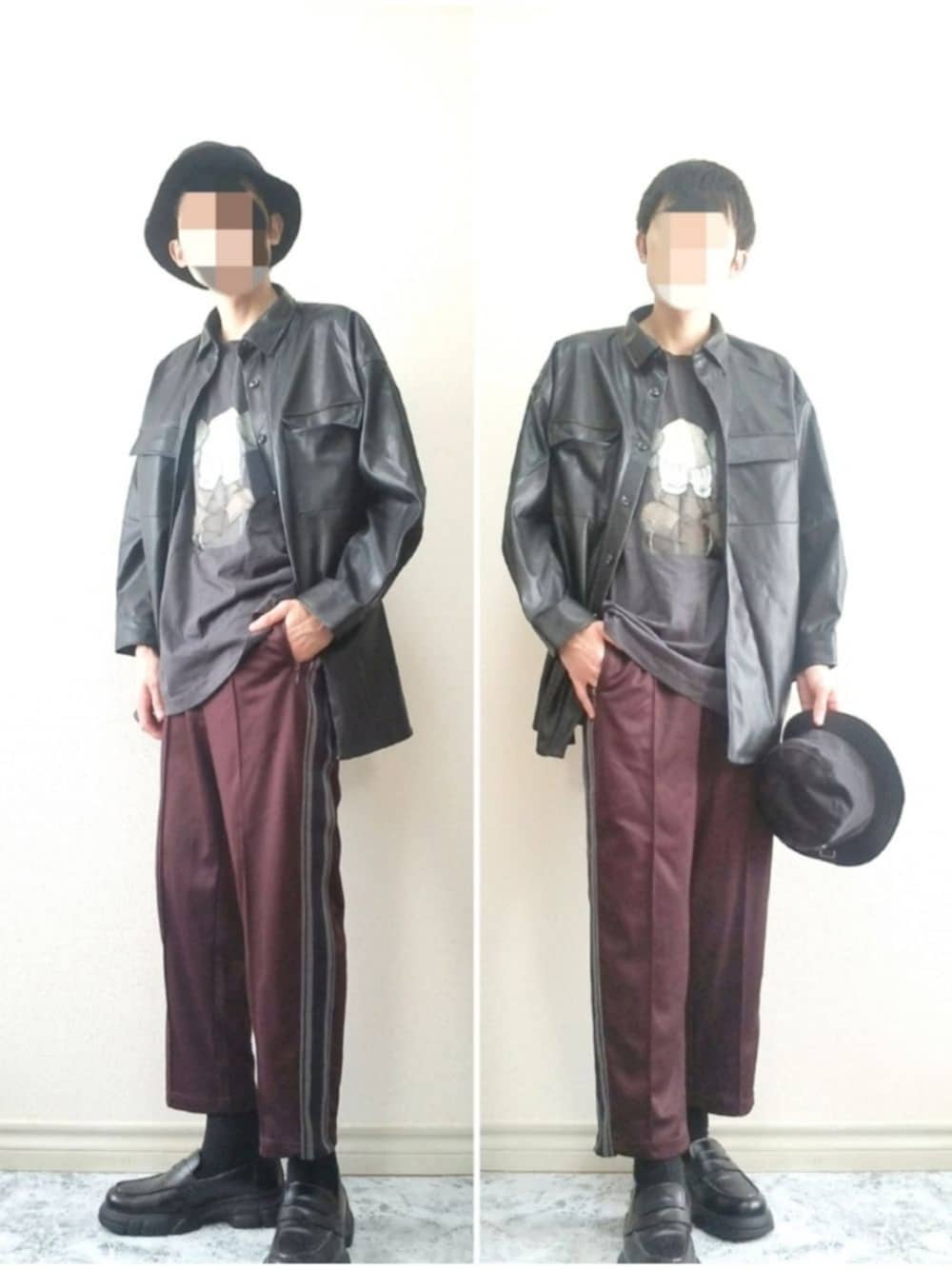 「バケットハット、プリントT、レザーシャツ、ラインパンツ、トラックパンツ、ローファー、シンプル、シンプルコーデ、秋のコーデ、秋コーデ、甘辛mix、スポーツミックス、プチプラ、ユニクロ、GU」｜「ALLEGEのアイテム（ハット、ブラック系）」を使った、bouさん（メンズ・176cm）の秋コーディネートの1枚目の写真