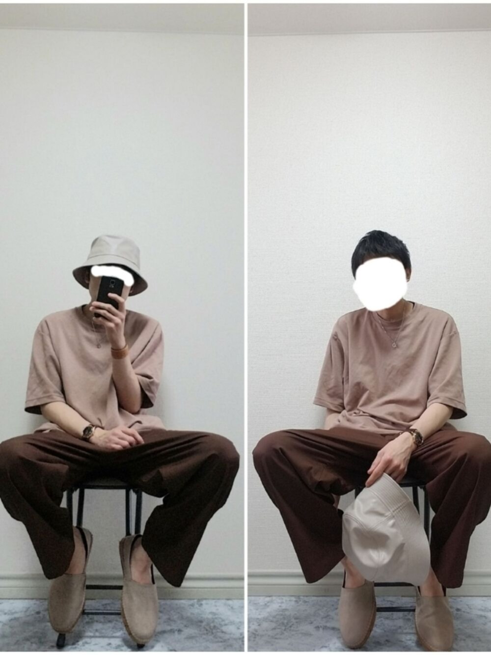 「バケットハット、Tシャツ、ワイドパンツ、エスパドリーユ、ワントーンコーデ、ブラウン、夏コーデ、いいね、save、フォローお願いします🤑、シンプル、夏」｜「polcadotのフェイクレザー バケットハット（ハット、ベージュ系）」を使った、bouさん（メンズ・176cm）の夏コーディネートの1枚目の写真