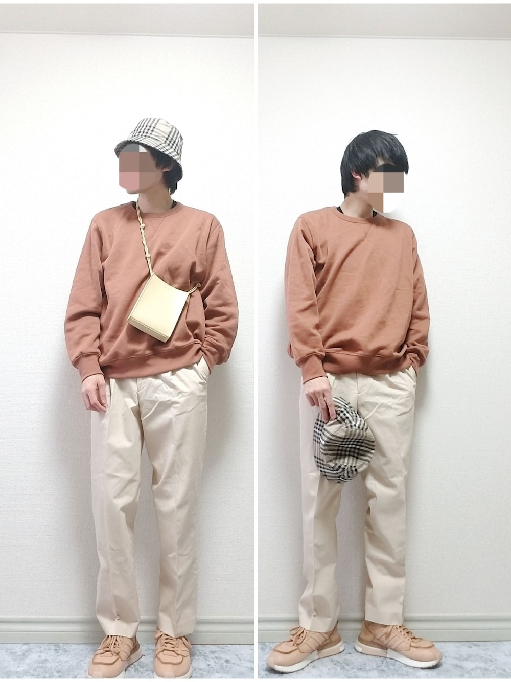 ベージュ系のスラックス、ベージュ系のハットを着用したメンズの春コーディネートの1枚目の写真