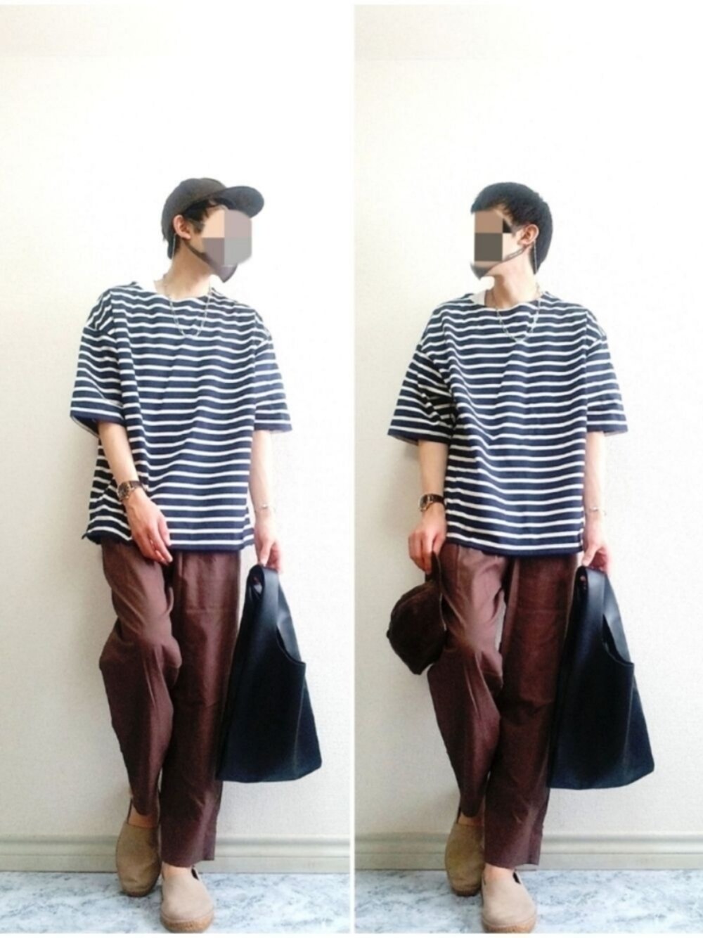 「キャップ、ボーダー、ワイドパンツ、エスパドリーユ、レザーバッグ、シンプルコーデ、フレンチカジュアル、お洒落さんとつながりたい、いいね、save、フォローお願いします🤑、きれいめカジュアル」｜「Hender SchemeのHender Scheme / エンダースキーマ：2 tone cap corduroy：fl-rc-ttc[BJB]（キャップ、ブラウン系）」を使った、bouさん（メンズ・176cm）の夏コーディネートの1枚目の写真
