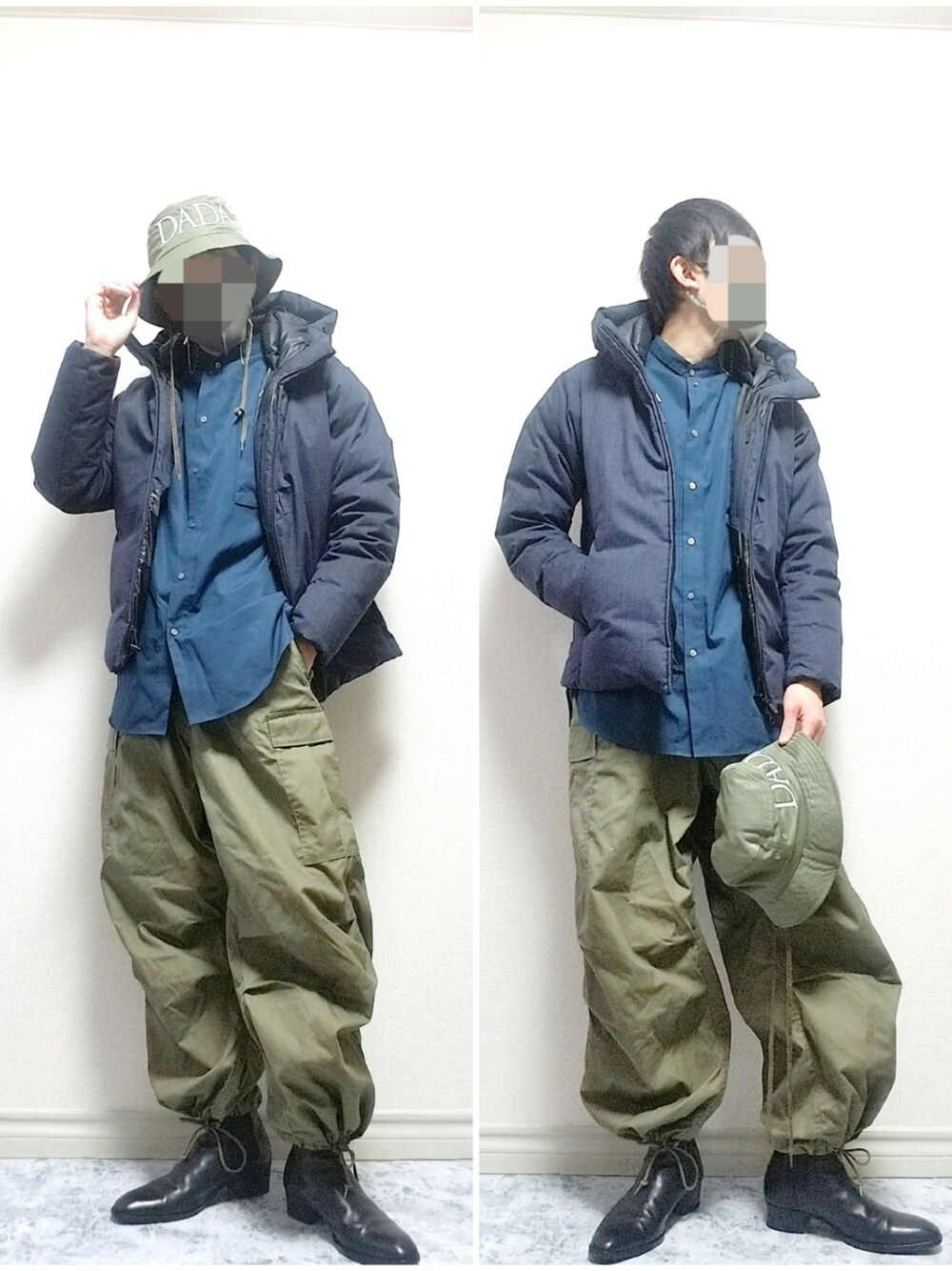 「ダウンジャケット、ミリタリー、シンプル、冬コーデ、カーゴパンツ、サイドゴアブーツ、アースカラー、シンプルコーデ、シャツスタイル、バケットハット、カジュアルコーデ、秋冬コーデ、お洒落さんとつながりたい、おしゃれさんと繋がりたい、いいね、save、フォローお願いします🤑」｜「UNIQLOのアイテム（シャツ/ブラウス、ブルー系）」を使った、bouさん（メンズ・176cm）の冬コーディネートの1枚目の写真