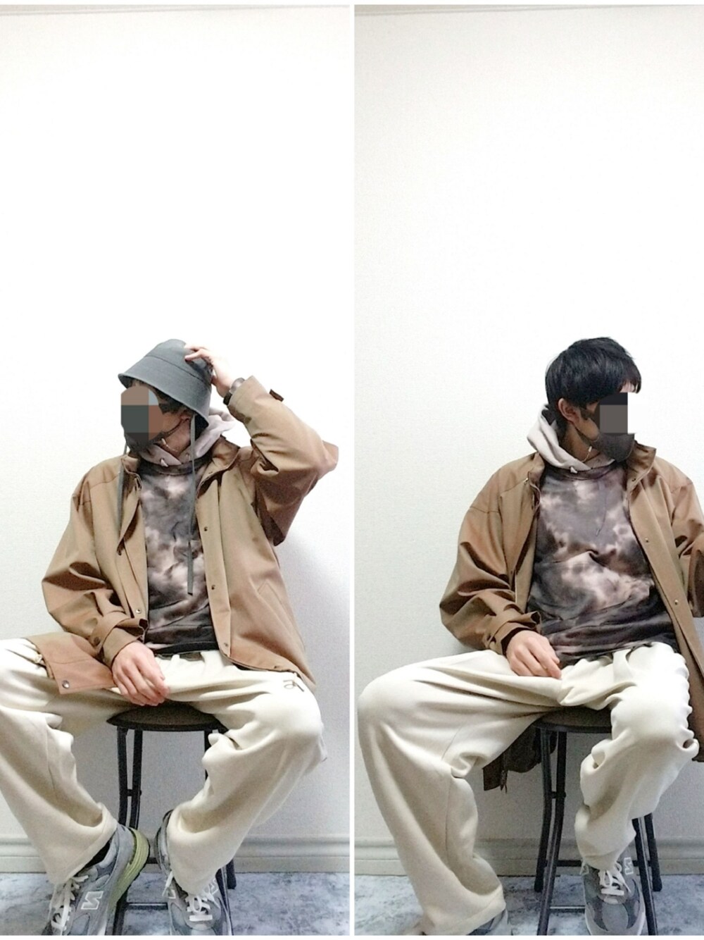 「バケットハット、ジャケット、メッシュ、パーカー、スウェットパンツ、スニーカー、おしゃれさんと繋がりたい、いいね、save、フォローお願いします🤑、ワントーンコーデ、カジュアルコーデ、カジュアル、シンプル、シンプルコーデ、ゆるコーデ、きれいめカジュアル」｜「AURALEEのAURALEE LIGHT WOOL MOHAIR BLOUSON（ブルゾン、ベージュ系）」を使った、bouさん（メンズ・176cm）の冬コーディネートの1枚目の写真
