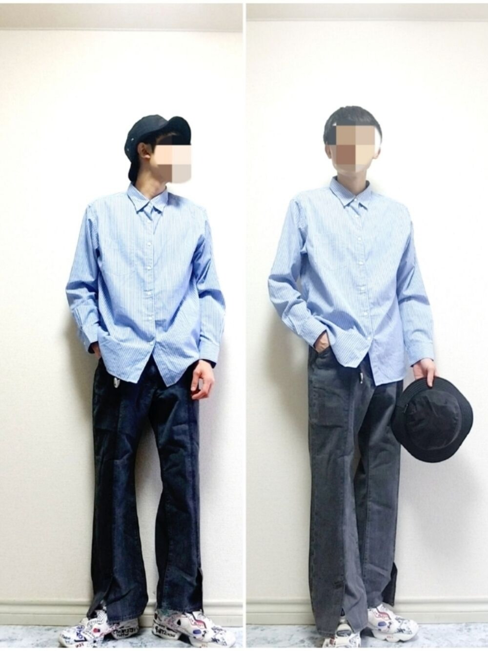 「バケットハット、ストライプ、ストライプシャツ、フレアデニム、フレアパンツ、スニーカー、白スニーカー、大人カジュアル、ストリート、ストリートMIX、秋コーデ、シンプル、シンプルコーデ、reebok、大人コーデ」｜「UNIQLOのエクストラファインコットンブロードストライプシャツ（レギュラーカラー・長袖）（シャツ/ブラウス、ブルー系）」を使った、bouさん（メンズ・176cm）の秋コーディネートの1枚目の写真