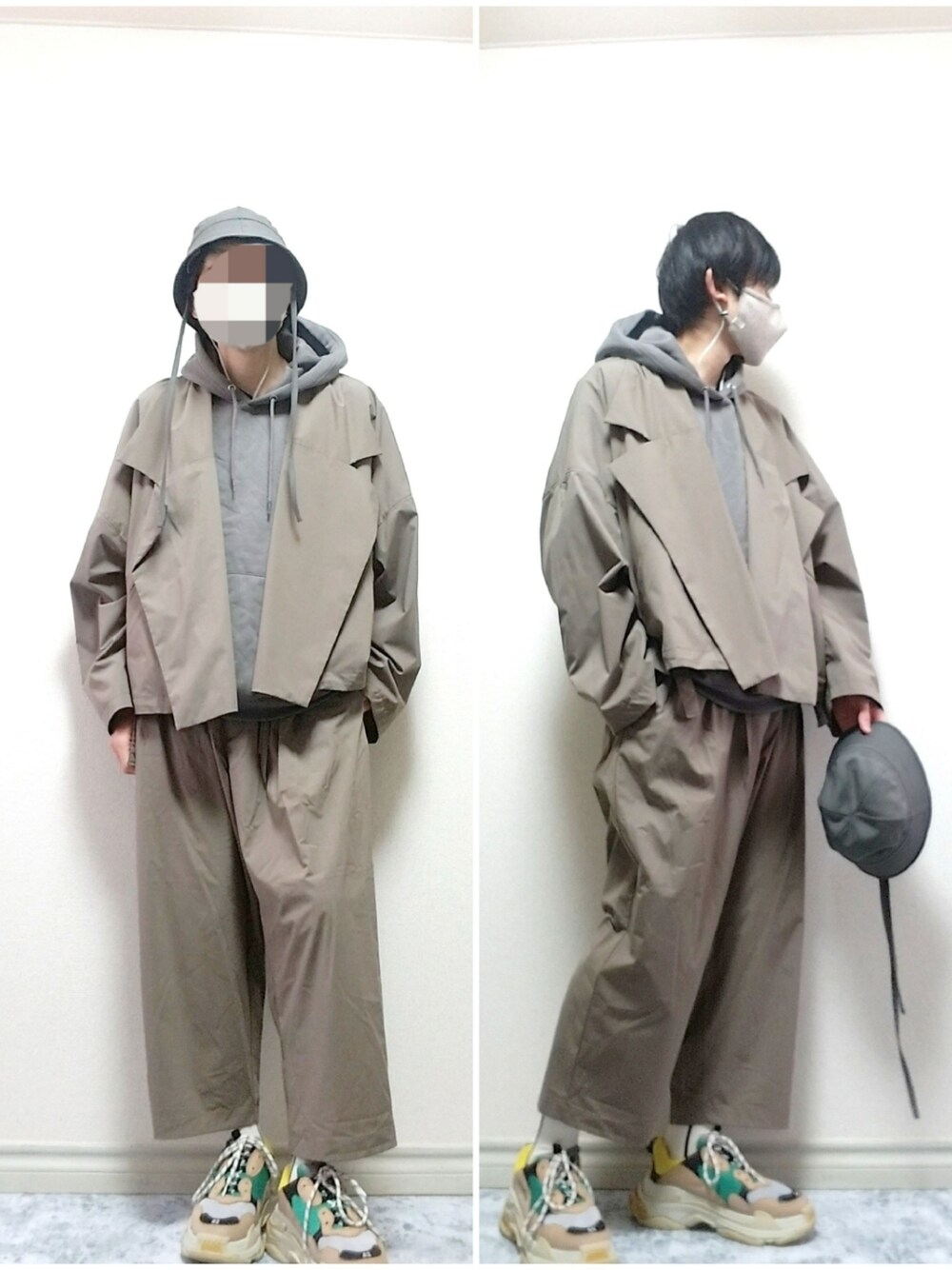 「バケットハット、ミリタリー、パーカー、ブルゾン、ワイドパンツ、セットアップ、スニーカー、ダッドスニーカー、ベージュ、ワントーンコーデ、いいね、save、フォローお願いします🤑、おしゃれさんと繋がりたい、オトナカジュアル、シンプル、冬コーデ」｜「OAMCのアイテム（帽子、グレー系）」を使った、bouさん（メンズ・176cm）の冬コーディネートの1枚目の写真