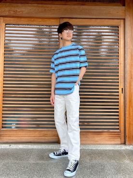 「UNIQLO（ユニクロ）のボーダーT（半袖）（Tシャツ/カットソー、ブルー系）」を使った、Rgさん（メンズ・174cm）の夏コーディネート