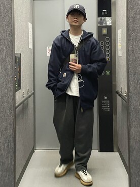 「MOMA（モマ）のアイテム（キャップ、ブラック系）」を使った、あさひさん（メンズ・168cm）の春コーディネート