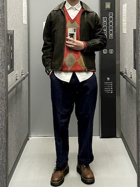 「Dr. Martens（ドクターマーチン）のアイテム（シューズ、ブラウン系）」を使った、あさひさん（メンズ・168cm）の冬コーディネート