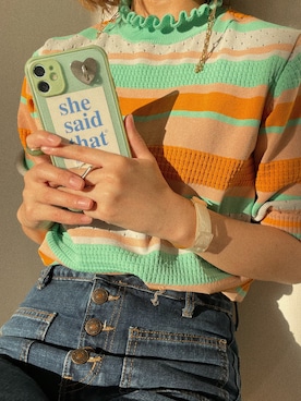 「w closet（ダブルクローゼット）のマルチボーダーハイネックプルオーバー（ニット/セーター、グリーン系）」を使った、sheeeeさん（レディース・158cm）の秋コーディネート