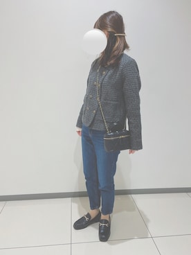 「スクエアトゥ」｜「アイテム（ノーカラージャケット）」を使った、mofuさん（レディース・152cm）の冬コーディネート