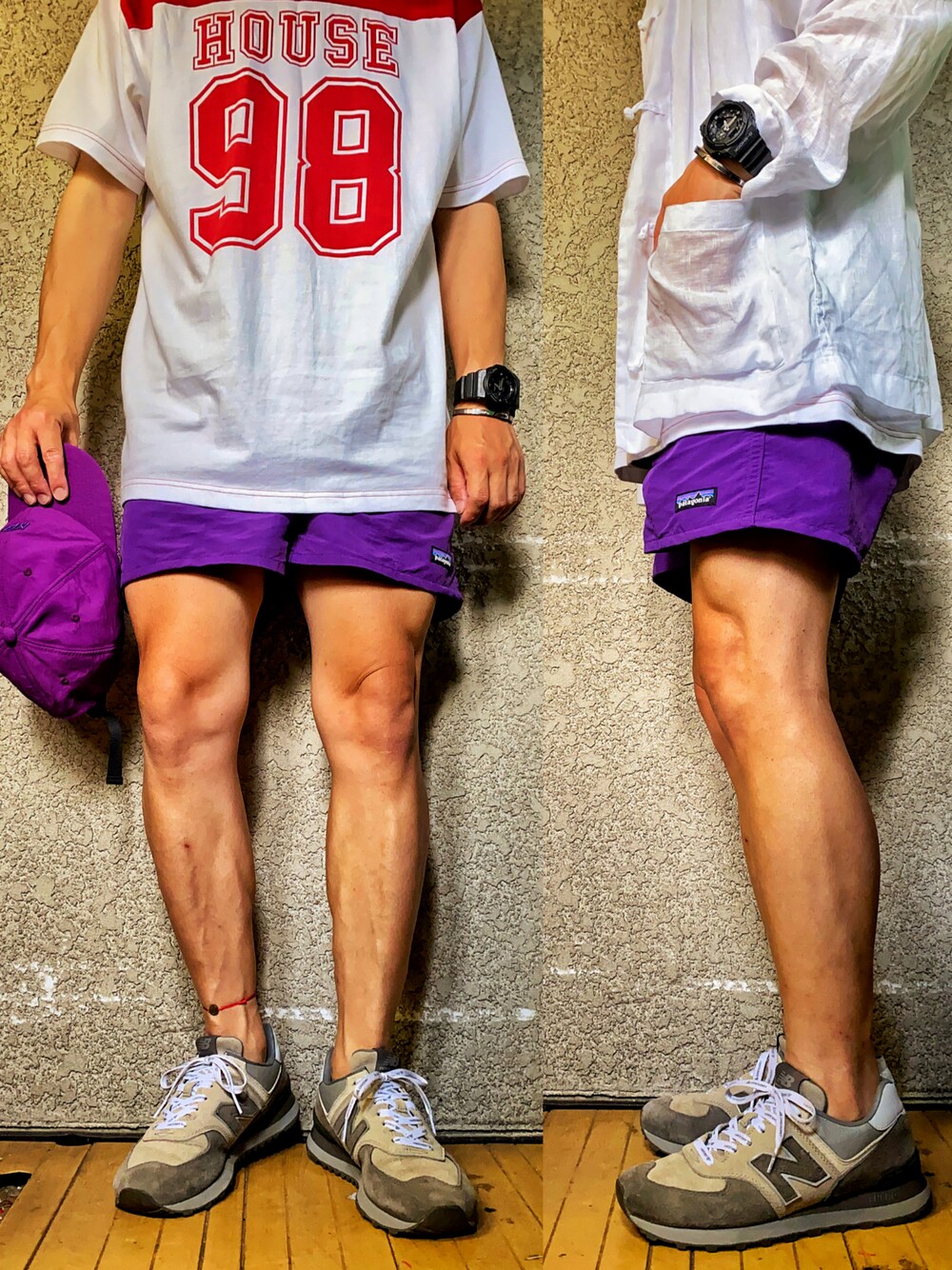 「キャップ、リネンシャツ、チャイナシャツ、Tシャツ、短パン、バギーズショーツ、patagonia、New Balance」｜「IN THE HOUSEのアイテム（Tシャツ/カットソー、ホワイト系）」を使った、KADOさん（メンズ・160cm）の夏コーディネートの1枚目の写真