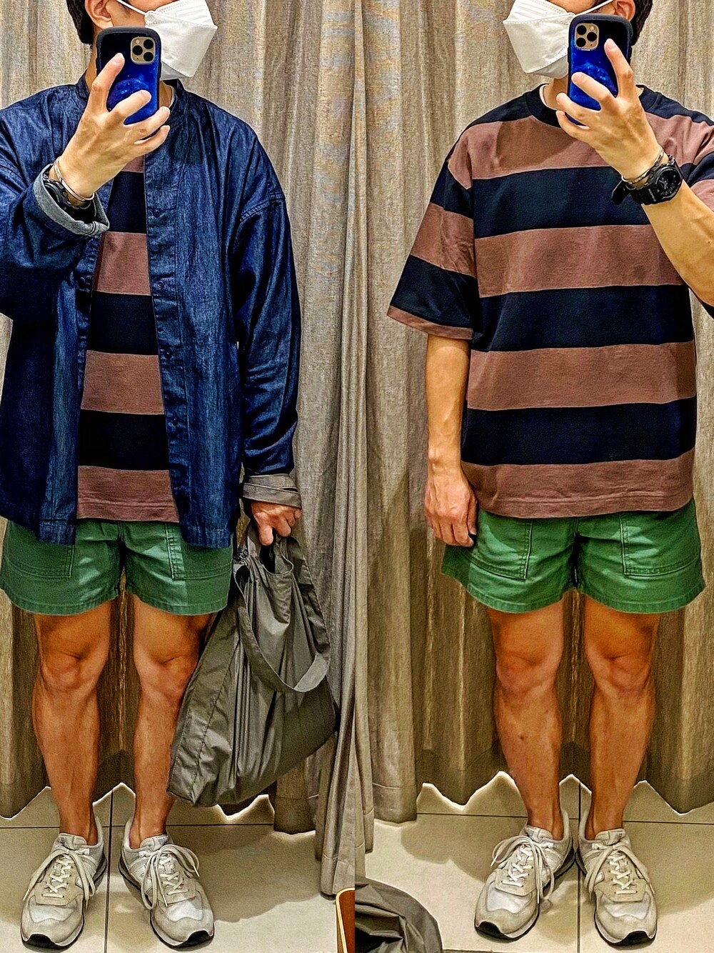 「ノーカラージャケット、無印良品、ボーダー、Tシャツ、オーバーサイズ、UNIQLO U、短パン、gung-ho、New Balance、574、トートバッグ」｜「無印良品のアイテム（ノーカラージャケット、ブルー系）」を使った、KADOさん（メンズ・160cm）の秋コーディネートの1枚目の写真