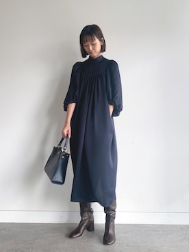 極美品.定価3万☆デミルクスビームス ギャザーボリューム ワンピース 濃紺 Demi-Luxe BEAMS /ギャザー ボリューム ワンピースを使った