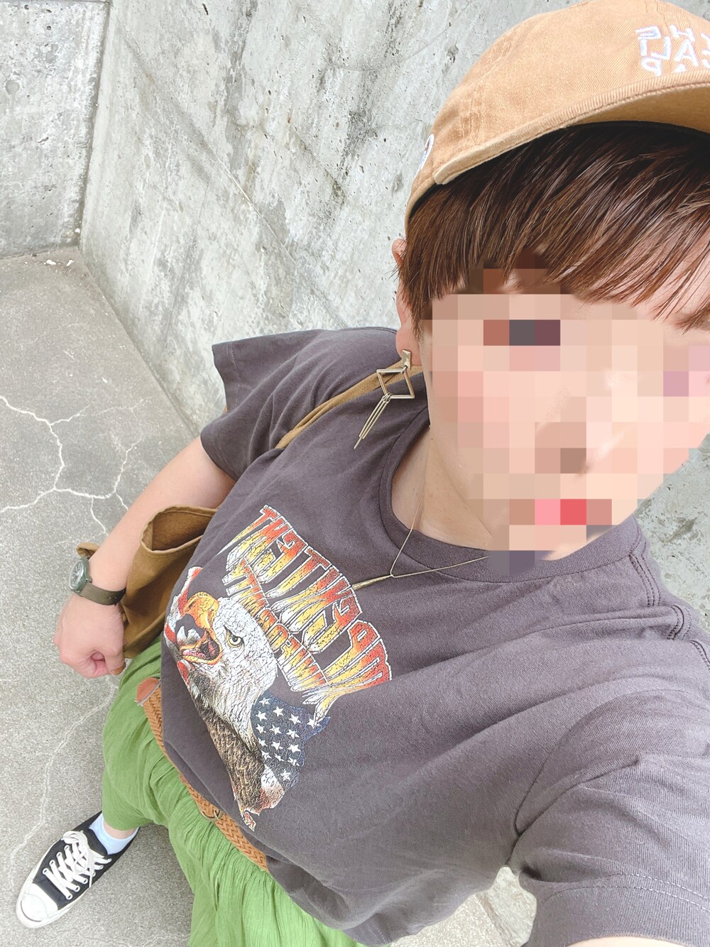 「しまむら、プチプラ、プチプラコーデ、キャップ、NEW ERA、Tシャツ、スカート、お洒落さんとつながりたい、おしゃれさんと繋がりたい、スニーカー」｜「NEW ERAのアイテム（キャップ、ブラウン系）」を使った、mamiiruuuuuuu◡̈♥さん（レディース・158cm）の夏コーディネートの1枚目の写真