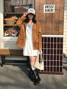 「アイテム（帽子）」を使った、miyuさん（レディース・158cm）の春コーディネート
