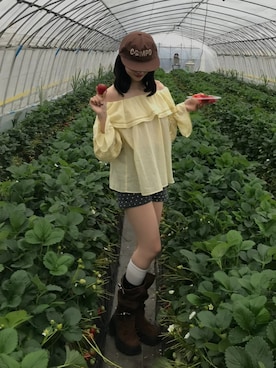 「ROPE' PICNIC（ロペピクニック）のお着軽シャツシリーズ レース使い2WAYオフショルシアーブラウス/接触冷感・通気性（シャツ/ブラウス、イエロー系）」を使った、miyuさん（レディース・158cm）の春コーディネート