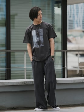 「POET MEETS DUBWISE（ポエットミーツダブワイズ）のPOET MEETS DUBWISE/ポエットミーツダブワイズ BLACK ALLEYS OF MEXICO T-Shirt 2026年春夏（Tシャツ/カットソー、ブラック系）」を使った、Rooptokyoさん（メンズ・178cm）の春コーディネート