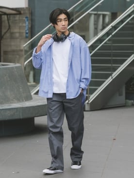 「Dickies（ディッキーズ）の【お気に入り数10万人突破】Dickies/ディッキーズ THE ORIGINAL FIT 874 TCツイル センタープレス スケーターパンツ レングス32インチ ワークパンツ（チノパンツ、グレー系）」を使った、Rooptokyoさん（メンズ・178cm）の春コーディネート