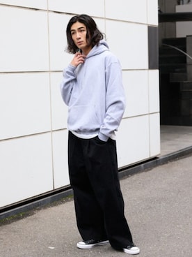 「GILDAN（ギルダン）の【ROOPTOKYO】GILDAN ６oz クルーネック 袖リブ ロングスリーブTee /ロンT 無地カットソー オーバーサイズ 2026年春夏（Tシャツ/カットソー、ホワイト系）」を使った、Rooptokyoさん（メンズ・178cm）の春コーディネート