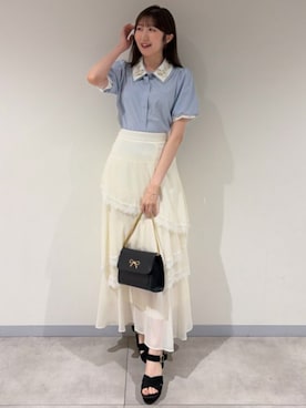 「ASTORIA ODIER（アストリアオディール）のレース使いアシメティアードスカート(ドット・無地)（スカート、ホワイト系）」を使った、ASTORIA ODIER（アストリア オディール）さん（レディース・159cm）の夏コーディネート
