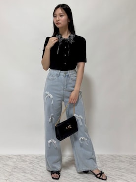 「ASTORIA ODIER（アストリアオディール）の襟付きリボンリブカットソー(チェック・ギンガムチェック・ドット)（Tシャツ/カットソー、ブラック系）」を使った、ASTORIA ODIER（アストリア オディール）さん（レディース・155cm）の夏コーディネート