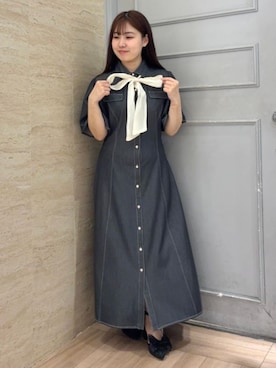 「ASTORIA ODIER（アストリアオディール）の配色リボンデニム風ワンピース（ワンピース、グレー系）」を使った、ASTORIA ODIER（アストリア オディール）さん（レディース・160cm）の春コーディネート