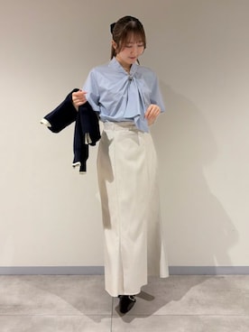 「ASTORIA ODIER（アストリアオディール）の金具リングループボウタイブラウス(半袖/オフィス)（ビジネスシャツ、ホワイト系）」を使った、ASTORIA ODIER（アストリア オディール）さん（レディース・160cm）の春コーディネート