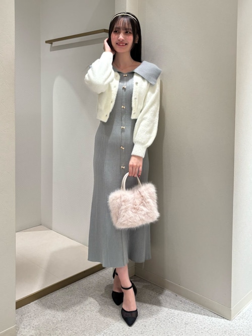 未使用級】40 リボン エムズグレイシー カメリアボタン ニット