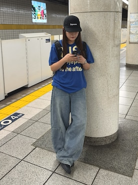 「NUGUのアイテム（Tシャツ/カットソー、ブルー系）」を使った、mayuさん（レディース・157cm）の夏コーディネート