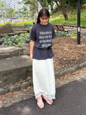 「NUGUのアイテム（Tシャツ/カットソー、ブルー系）」を使った、mayuさん（レディース・157cm）の夏コーディネート