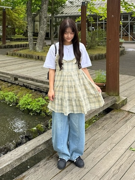 「NUGUのアイテム（デニムパンツ、ブルー系）」を使った、mayuさん（レディース・157cm）の夏コーディネート